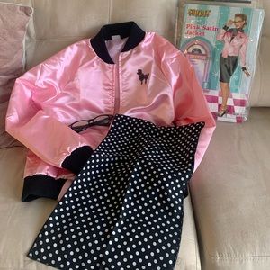 Pink lady Halloween costume. Includes glasses, scarf, and jacket